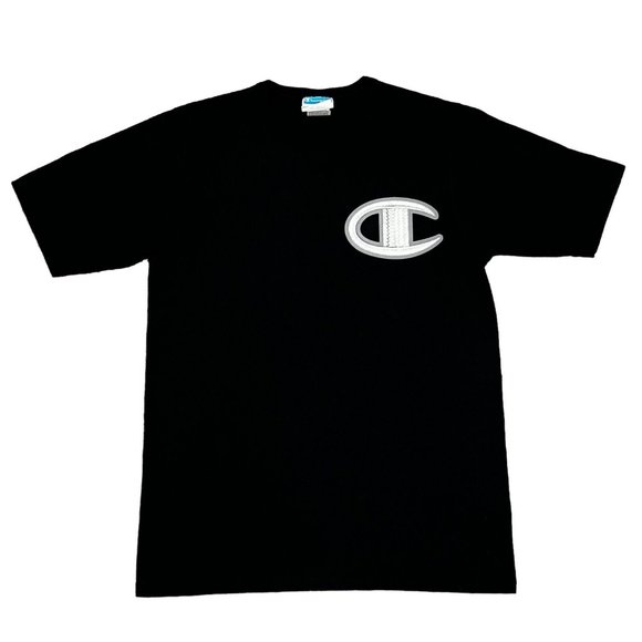 Champion Crewneck Big Logo Shirt Men's Size Medium S/S Black w/ White Silver - Picture 1 of 10